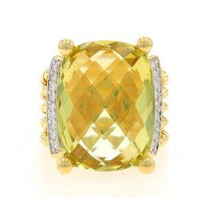 David Yurman Lemon Quartz Diamond Cocktail Ring Yellow Gold 18k Cushion .20ctw